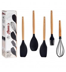 SET 5 UTENSILIOS COCINA SILICONA MANGO MADERA HAYA