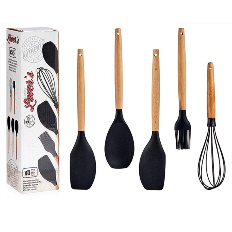 SET 5 UTENSILIOS COCINA SILICONA MANGO MADERA HAYA