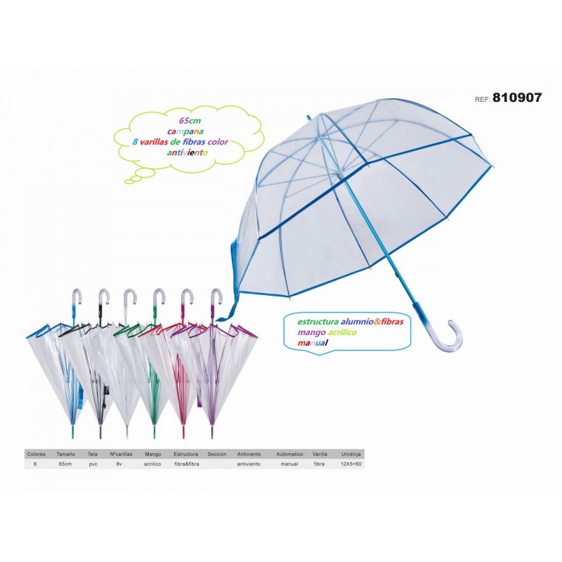 PARAGUAS TRANSPARENTE 65CM PVC 8VARILLAS MANGO ACRILICO MANU